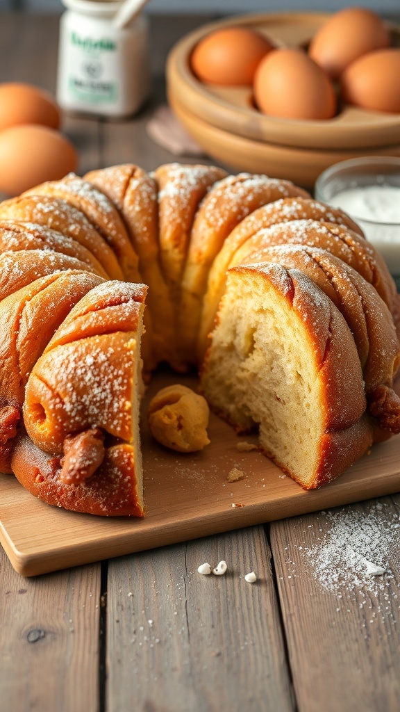 A golden-brown monkey bread with cinnamon sugar, served on a wooden table with powdered sugar and eggs.